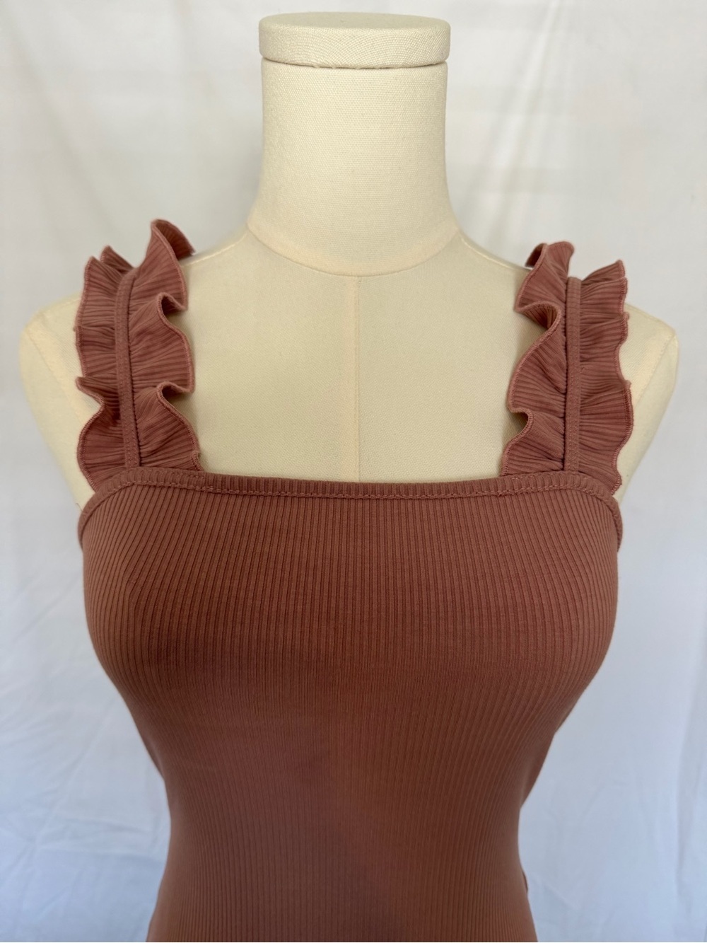 Kittenish Ruffled Strap Ribbed Bodysuit - Mauve Pink - Picture 2 of 4